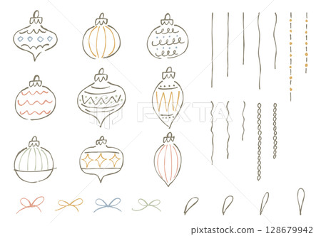 Hand drawn vintage Christmas ornaments set. Loose line drawing Christmas decorations. Hand drawn vintage Christmas ornaments set. Loose line drawing Christmas decorations. 128679942
