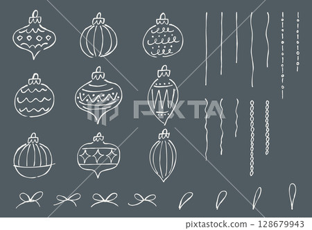 Set of hand drawn vintage Christmas ornaments. White line art on a dark background. Set of hand drawn vintage Christmas ornaments. White line art on a dark background. 128679943