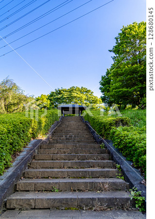 Stairs in the park leading to the blue sky 128680145