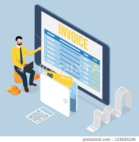 Digital finance and mobile invoice payment. Electronic bill, tablet, currency icons, and credit card depict modern banking and seamless transactions. 128680296