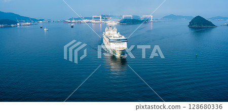 Cruise ship arriving at Nagasaki Port (Star Navigator) Panorama from Megami Ohashi Bridge [Nagasaki City] 128680336