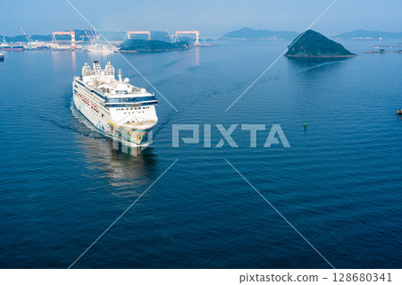 Cruise ship arriving at Nagasaki Port (Star Navigator) from Megami Ohashi Bridge [Nagasaki City] 128680341