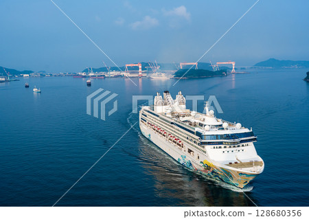 Cruise ship arriving at Nagasaki Port (Star Navigator) from Megami Ohashi Bridge [Nagasaki City] 128680356