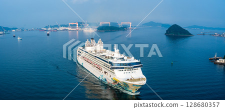 Cruise ship arriving at Nagasaki Port (Star Navigator) Panorama from Megami Ohashi Bridge [Nagasaki City] 128680357