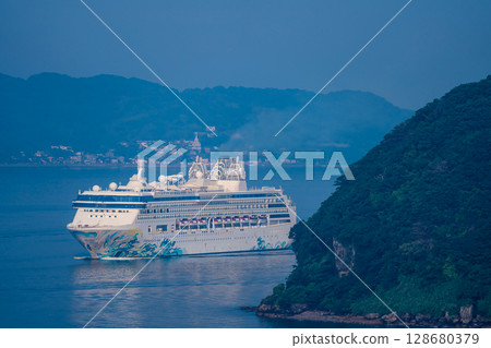 Cruise ship arriving at Nagasaki Port (Star Navigator) from Megami Ohashi Bridge [Nagasaki City] 128680379