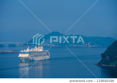 Cruise ship arriving at Nagasaki Port (Star Navigator) from Megami Ohashi Bridge [Nagasaki City] 128680386