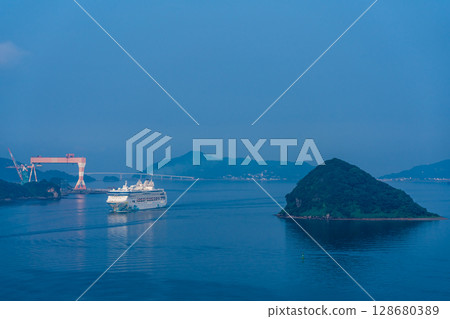 Cruise ship arriving at Nagasaki Port (Star Navigator) from Megami Ohashi Bridge [Nagasaki City] 128680389