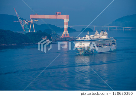 Cruise ship arriving at Nagasaki Port (Star Navigator) from Megami Ohashi Bridge [Nagasaki City] 128680390