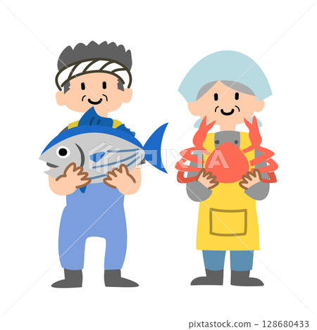 Vector illustration of a fisherman/fishmonger holding seafood products Vector illustration of a fisherman/fishmonger holding seafood products 128680433