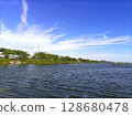 Lakeside landscape with clouds on a sunny summer day 128680478