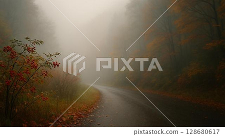 Foggy autumn mountain path and red berry shrubs 128680617