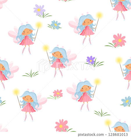Seamless pattern with cute fairies, magic wands and colorful flowers Seamless pattern with cute fairies, magic wands and colorful flowers 128681013
