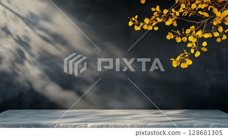 Minimalist podium stage concrete textured black wall with shadow light and decoration yellow flower 128681305
