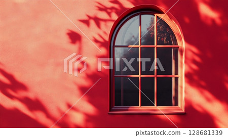 Aesthetic arch window shape on red wall with shadow leaves tree classing building architecture Aesthetic arch window shape on red wall with shadow leaves tree classing building architecture 128681339