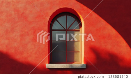 Aesthetic arch window shape on red wall with shadow leaves tree classing building architecture 128681340