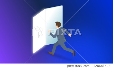一名商人從敞開的門跳入太空的插圖 一名商人從敞開的門跳入太空的插圖 128681408