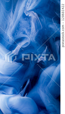 Water splash. Fog wave. Defocused blue color paint swirling in liquid fume acrylic texture hovering on abstract dark black background. 128681422