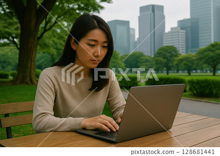 A woman using a personal computer at a park 128681441