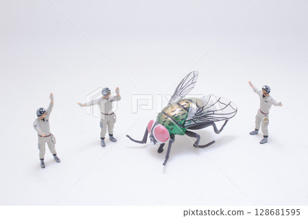 Miniature Figures Confronting a Giant Housefly on White Background 128681595