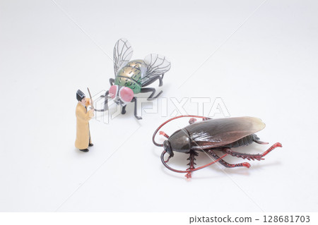 Miniature Figure Confronts Giant Insects in Imaginary Playful Scene 128681703