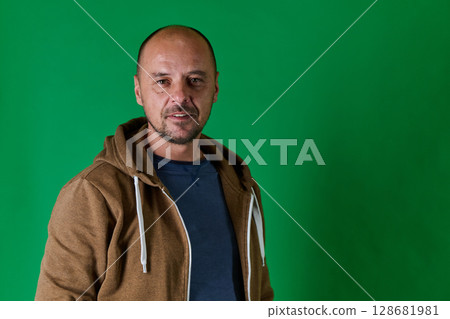 Middle aged bald man in casual attireposes confidently against a green studio backdrop. Middle aged bald man in casual attireposes confidently against a green studio backdrop. 128681981