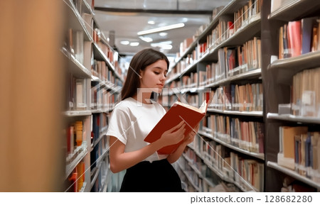 Young student using hologram technology and artificial intelligence to search for a book in the library. Generated image 128682280
