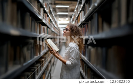 Young student using hologram technology and artificial intelligence to search for a book in the library. Generated image 128682290