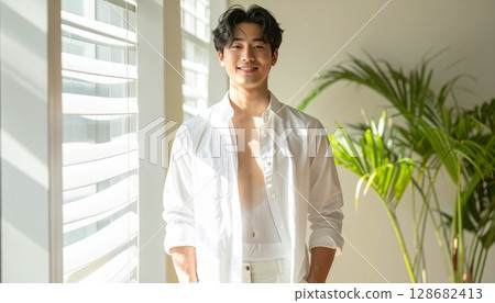 A man surrounded by soft light through blinds 128682413
