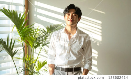 A man surrounded by soft light through blinds 128682414