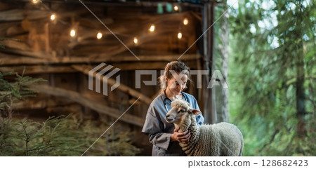 Young and Happy Female Veterinarian Caring for Sheep on a Farm.Generated image 128682423