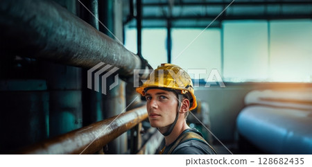 Young Worker Handling Large Pipes at a Construction Site.Generated image 128682435