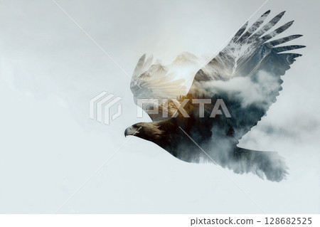Double Exposure of Soaring Eagle with Mountain Peaks and Cloudy Skies 128682525