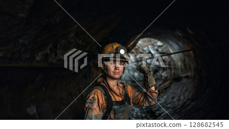 Portrait of a Female Miner in Protective Gear and Helmet Underground.Generated image 128682545