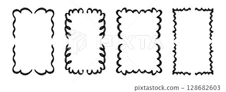 Black hand drawn wavy frame set. Curly ribbon border collection. Curved squiggly rectangle border pack for invitation, wedding party, birthday, greeting card design. Vector doodled cadre frames 128682603