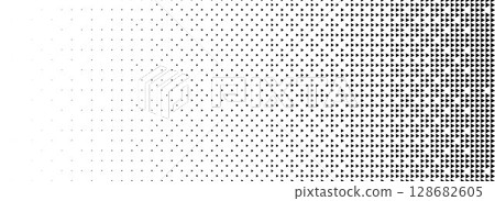 Fading triangle halftone gradient texture. Abstract geometric 8 bit background. Tech triangular binary gradation pattern. Vanishing dither arrow wallpaper for poster, banner, booklet. Vector backdrop 128682605