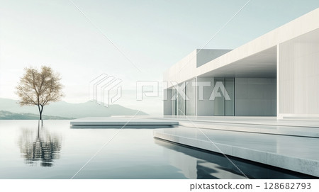 White modern contemporary architecture minimalist geometric construction building with sky 128682793
