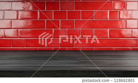 Copy space black wooden countertop, red wall brick and kitchen decoration minimalist interior 128682801