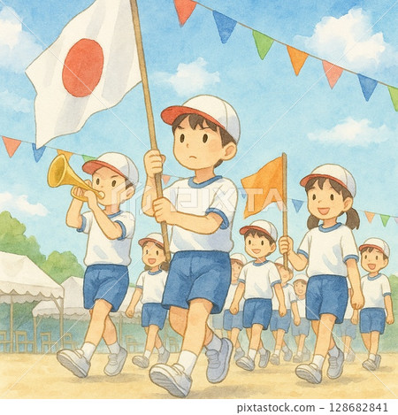 Opening ceremony and entrance march at elementary school sports day 128682841