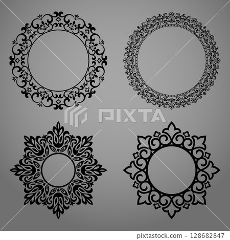 Set of decorative frames Elegant vector element for design in Eastern style, place for text. Floral black and gray borders. Lace illustration for invitations and greeting cards Set of decorative frames Elegant vector element for design in Eastern style, place for text. Floral black and gray borders. Lace illustration for invitations and greeting cards 128682847