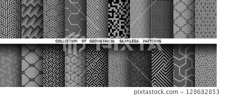 Geometric set of seamless black and gray patterns. Simple vector graphics 128682853