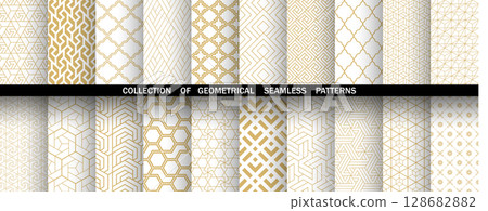 Geometric set of seamless golden and white patterns. Simple vector graphics Geometric set of seamless golden and white patterns. Simple vector graphics 128682882