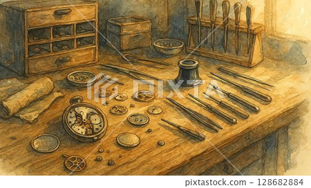 鐘錶匠的桌子和工具的水彩插圖 128682884