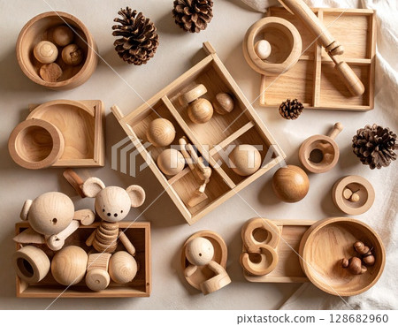 大量木製玩具－AI 生成的圖像 128682960