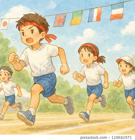 參加跑步比賽的孩子衝刺到終點線 128682971