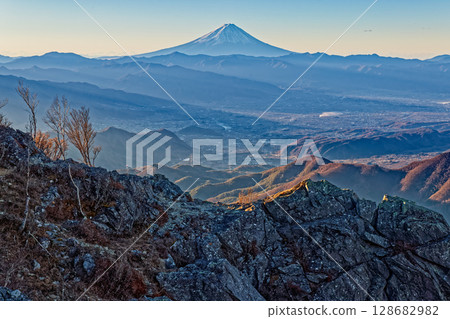 Mount Fuji in the morning as seen from just below the summit of Mount Kentoku Mount Fuji in the morning as seen from just below the summit of Mount Kentoku 128682982