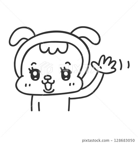 A person wearing a waving dog costume - line drawing A person wearing a waving dog costume - line drawing 128683050