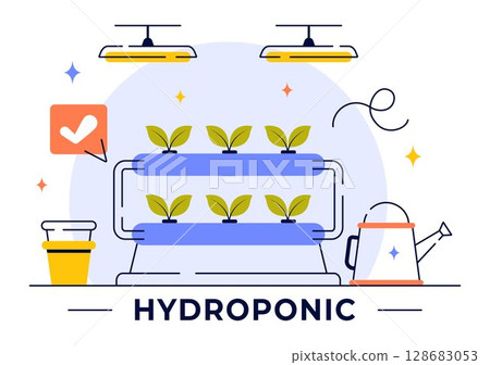 Hydroponics Technology Vector Illustration Featuring a Greenhouse Environment for Growing Green Plants Under Controlled Conditions in a Background 128683053