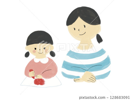 一位母親看著她的孩子畫畫 128683091
