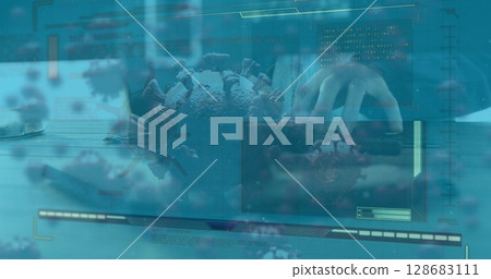 Floating 3D-rendered coronavirus particle hovering above desk keyboard with digital UI overlays 128683111