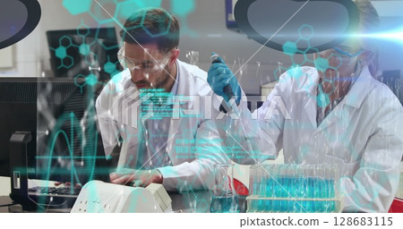 Image of scientific data over caucasian female and male lab workers 128683115